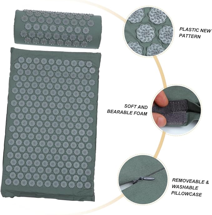 Shiatsu Acupoint Massage Mat and Pillow Set for Relief Grey Acupressure Massage Cushion with Carry Bag Suitable for Back and Neck Relaxation Yoga Exercise and Muscle
