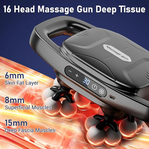 16 Head Massage Gun Deep Tissue Percussion Back Massager with 3 Modes &amp 30 Intensities Quiet Muscle Massage Pain Relief Portable Percussion Massage Gun for Back Neck Shoulders Legs Waist B