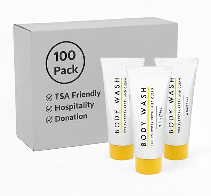 Trail maker 100 pack 2.5 oz Bodywash Travel Size for Hospitality Hotel Donation Charity Drive Homeless Disaster Relief (100 bottles 2.5 ounces each)