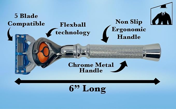 Flex Ball Handle Shaving Razor – All Chrome Long Handle Razor with Flex Pivot Technology &amp Diamond Knurled Grip for Men’s Precision Shaving