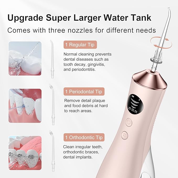 Water Dental Flosser for Teeth Portable Cordless Water Flosser with 300ML Rechargeable with Type-C IPX7 Waterproof Water Flossers for Adults with 3 Intensity Modes and 3 Flossing Tips