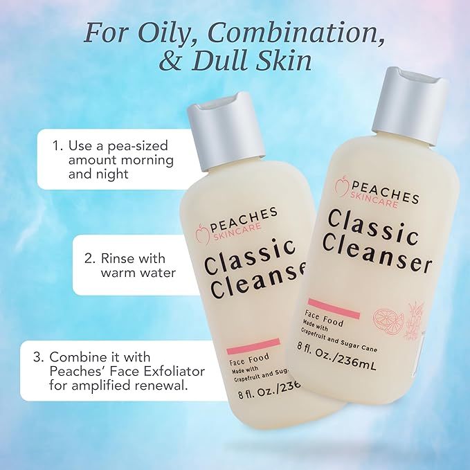 Peaches Skincare Hydrating Facial Cleanser – Vegan Face Wash with Grapefruit Sugar Cane and Gotu Kola – Lightly Exfoliating Daily Formula for All Skin Types – Classic Cleanser – 8 oz