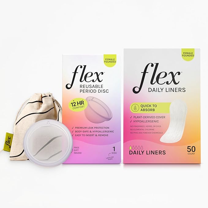 Flex Reusable Disc &amp Flex Daily Liners (50 Count) Bundle | Beginner-Friendly Tampon Alternative | Unscented | Disc Capacity of 6 Super Tampons