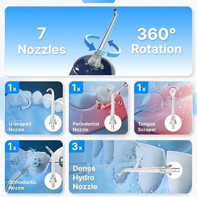 Water Flosser for Teeth Cordless Oral Irrigator Portable Dental Cleaner Picks with 8 DIY Modes 7 Jets 300ml Tank Braces Flossers Rechargeable (Blue)