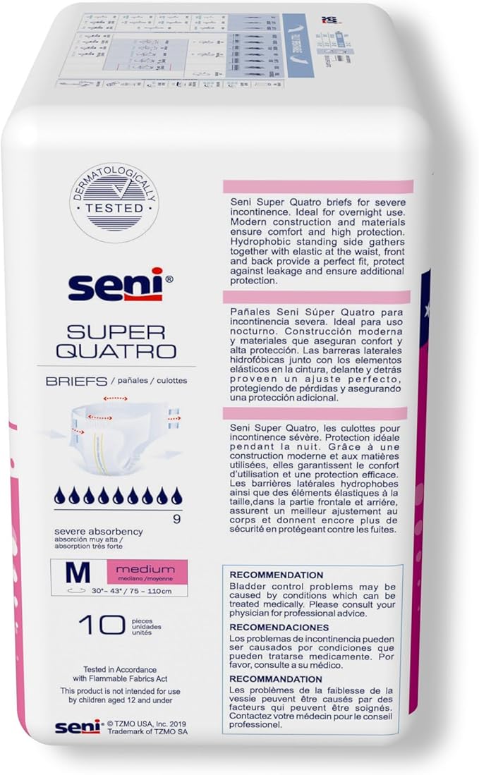 Seni Super Quatro Unisex Adult Incontinence Briefs with Tabs Size Medium (30-43) 40 Count (4 Packs of 10) Severe Absorbency Disposable Overnight Briefs for Men &amp Women