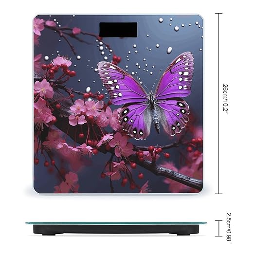 Digital Bathroom Scale for Body Weight Scale with Bright LCD Display High Accuracy Step-On Technology Auto On/Off Purple Plum Butterfly Digital Scales 400 Lbs /180kg