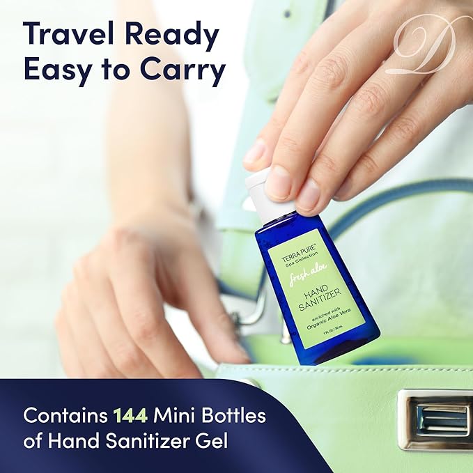 Terra Pure Hand Sanitizer Gel 1 oz 144 Pack Alcohol Free Silver Citrate Formula with Aloe Vera and Vitamin E Non Drying Bulk Travel Size for Hotels Gyms Schools Offices Events