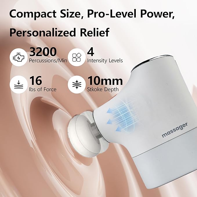 Mini Massage Gun Pro – Portable Deep Tissue Percussion Massager with Smart Pressure Sensor Quiet Motor Muscle Relaxation for Neck Back &amp Legs USB-C Rechargeable White Colorwith Lanyard