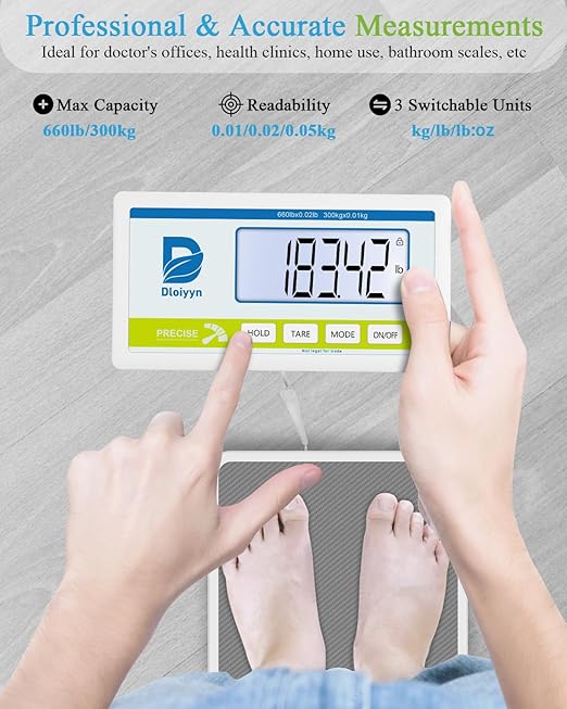 Medical Scale for Body Weight with Digital Display 660 lb Limit High Accuracy Medical Grade Floor Scale Heavy Duty kg/oz/lb Settings AC Adapter &amp Battery Included Portable Home &amp Physici