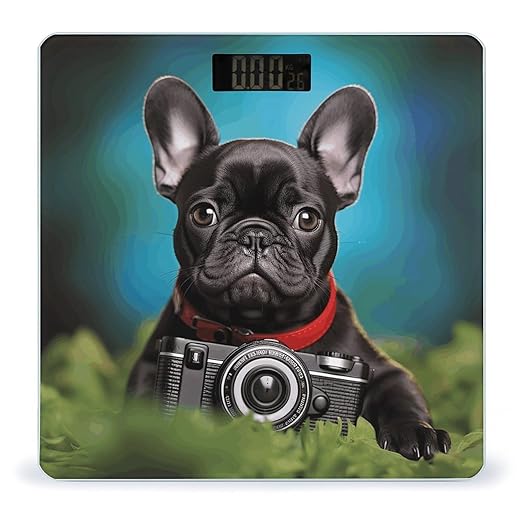 French Bulldog Puppy with Camera Bathroom Scale Large LCD Backlight Display Digital Scale Rounded Corners Body Scales Automatic Power On/Off Bathroom Scales for Home Bedrooms