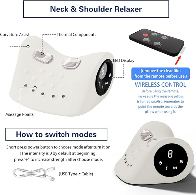 Neck Massager with Vibration Function 3 Modes Neck and Shoulder Relaxer Pillow with Heat 26°Angle Cervical Traction Device Massager with Heat for Pain Relief Deep Tissue
