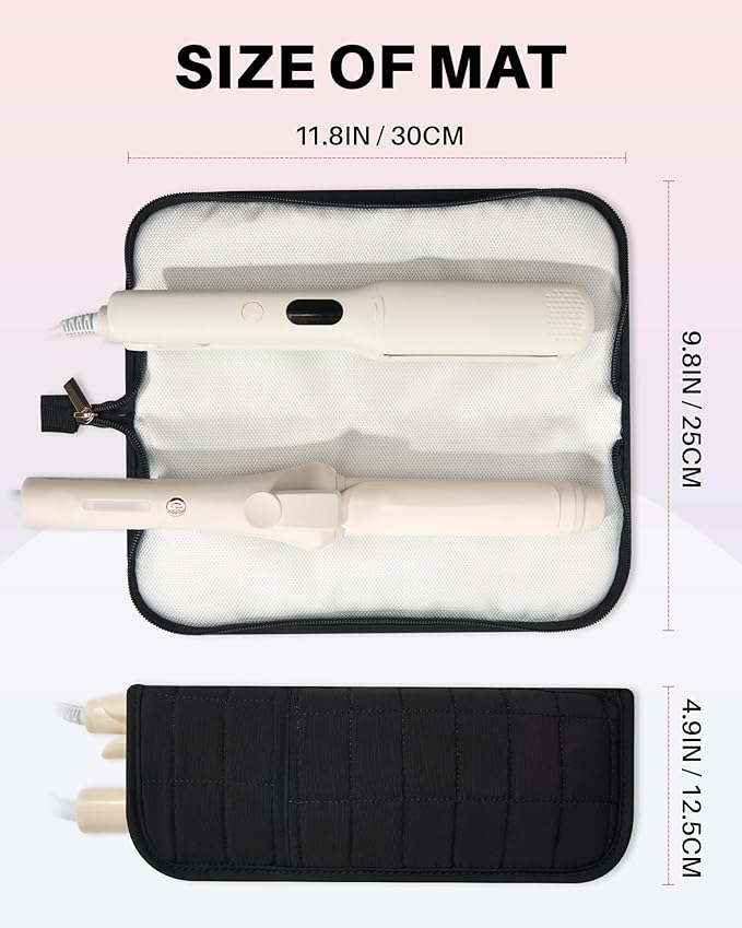 Hot Tools Travel Case with Heat Resistant Mat Pouch Large Hair Tool Organizer Bag for Curling Iron Flat Iron Hair Dryer Hot Air Brush Water Resistant Makeup Bag Gift for Women Black
