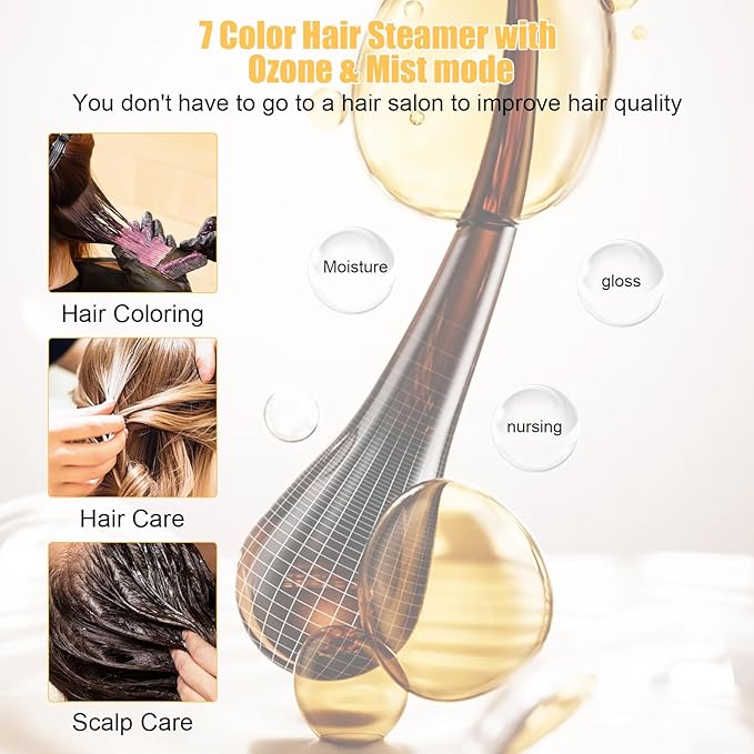 Hair Steamer for Deep Conditioning w/7 Color Light &amp Ozone 700W Micro Mist Scalp Hydration Steamer for Hair Treatment for Natural/Black Hair w/Adjustable Temp for Barbershops (White)