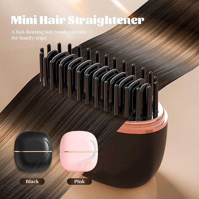 Nulira Mini Hair Straightener Rechargeable Portable Fast Heating Hot Comb Mini Cordless Hair Straightener Comb Portable Anti-Scald Design 3-Speed Temperature Control for Home Travel (2pcsBlack)