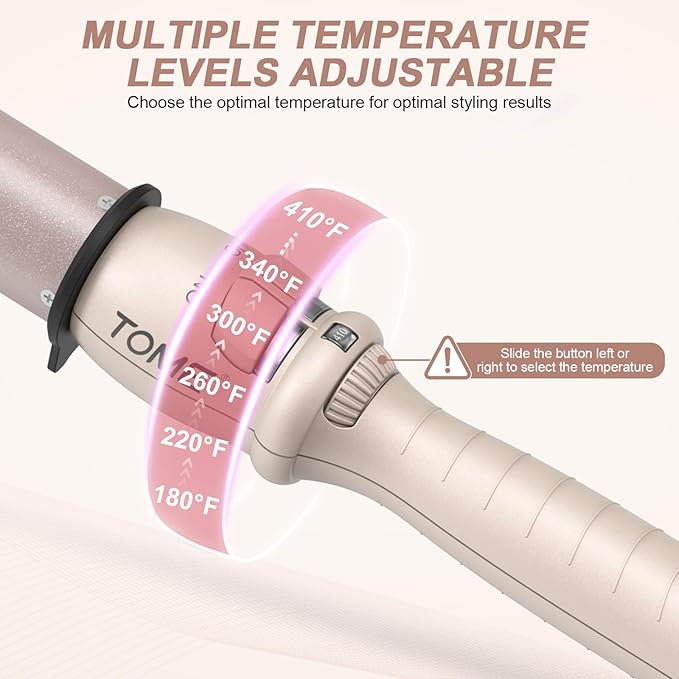 TOME 1.25 Inch (32mm) Large Barrel Curling Wand Hair Curler Ceramic Curling Iron with 7 Heat Settings Dial 180–410°F PTC Fast Heat Dual Voltage 110–240V Auto Shut-Off Cool Tip Glove Included