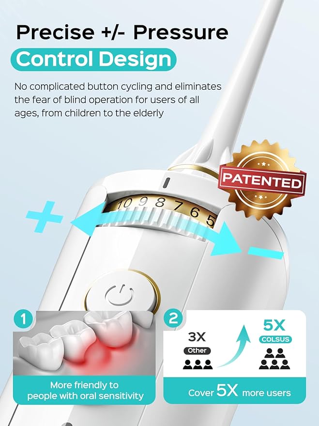 COSLUS E40 Portable Water Flosser for Teeth: 10 Pressure Settings Professional Water Dental Pick for Orthodontic Braces &amp Sensitive Gums - Cordless for Travel Use for Adults Teens BPA-Free