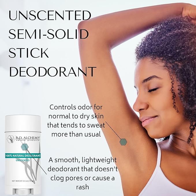 RD ALCHEMY - UNSCENTED - Best 100% Natural &amp Organic Semi-Solid Stick Deodorant. Free of Aluminum Baking Soda Parabens Synthetic Fragrance Propylene Glycol! - Get Fresh Today!