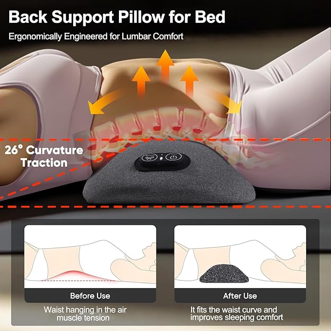 3 in 1 Back Massager Electric Lumbar Support Pillow Heat Vibration Massage Lower Back Spine Decompression Device Dark Gray
