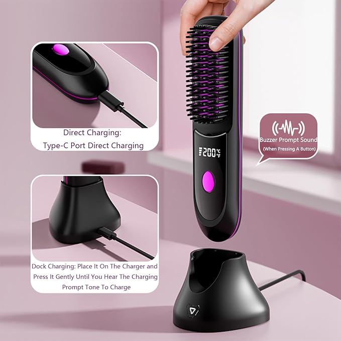 Go Brush Pro Hair Straightener – Cordless Comb with Base Negative Ion 6000mAh Fast Heating &amp Portable Travel Design Rechargeable Brush for Straightening and Curling (Black-1Pcs)
