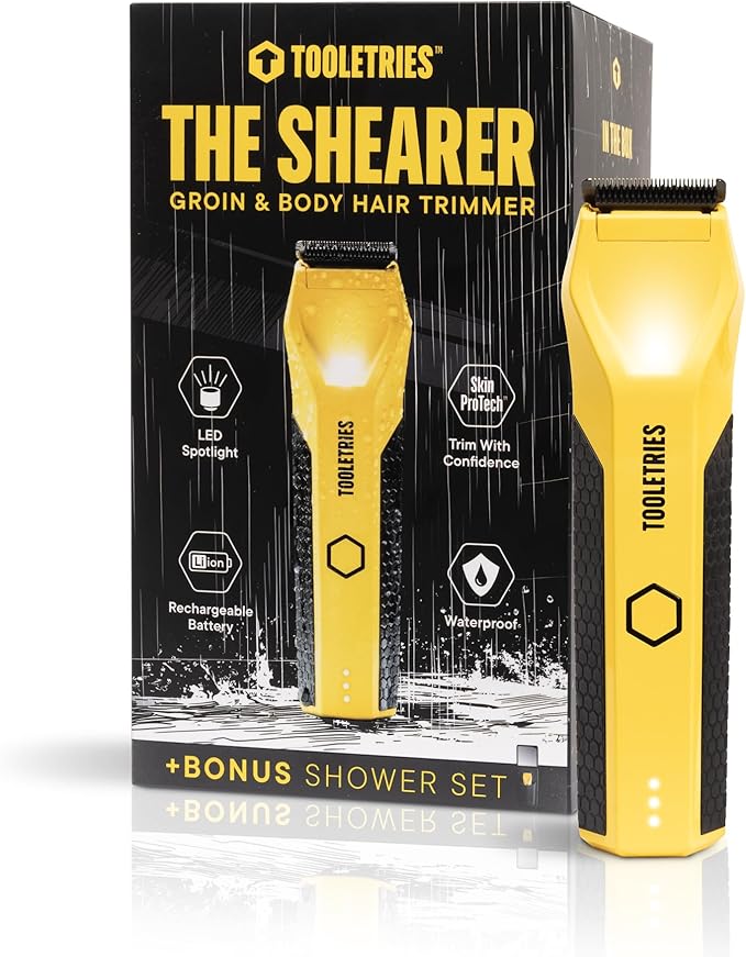 TOOLETRIES The Shearer - Groin &amp Body Hair Trimmer for Men Electric Shaver for Pubic Hair Balls Groin Chest Legs Waterproof Wet/Dry Clippers Rechargeable Bonus Shower Kit - Yellow