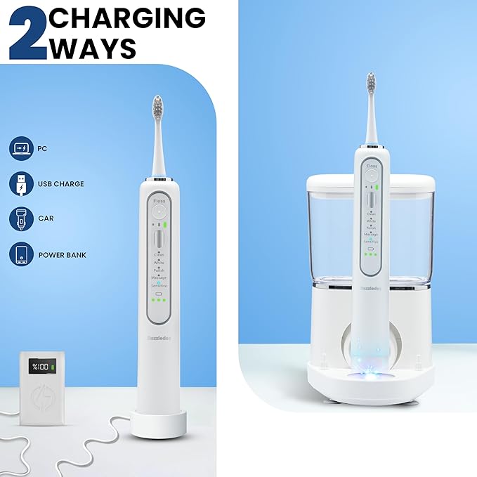 Electric Toothbrush and Water Flosser - Water Flossers for Teeth Electric Cleaning Brush with 5 Replacement Brush Heads 5 Brush Modes 17 Oz 3 Stage Floss Tooth Brush 3 in 1 Teeth Cleaning Kit