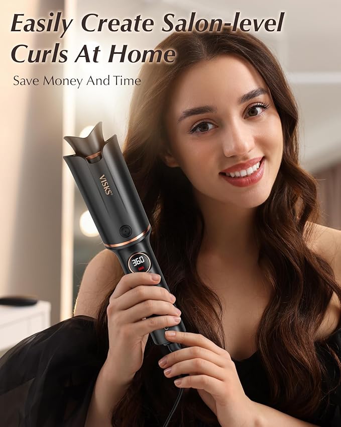 Automatic Rotating Curling Iron – VISKS V668 Pro Ceramic Hair Curler with Keratin-Coated Barrel Digital Temperature Display Anti-Scald 590M Ionic Tangle-Free Dual Voltage 1.5 Inch