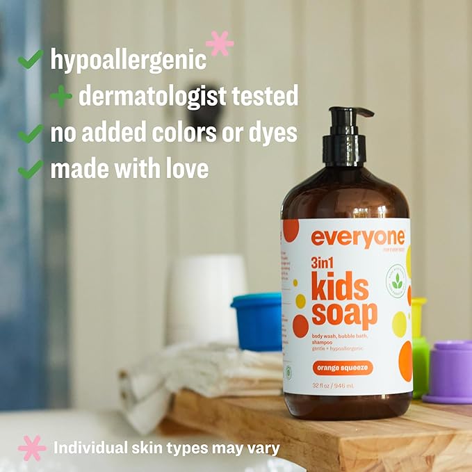 Everyone 3-in-1 Kids Soap Body Wash Bubble Bath Shampoo 32 Ounce (Pack of 2) Orange Squeeze Coconut Cleanser with Organic Plant Extracts and Pure Essential Oils (Packaging May Vary)