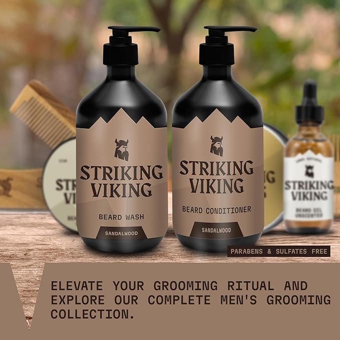 Striking Viking Beard Care Set (Sandalwood) - Paraben &amp Sulfate Free Shampoo with Jojoba Oil - Deep Clean for All Beard Types (10oz Per Bottle)