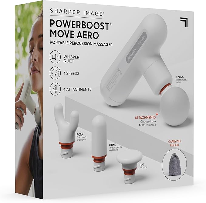 Sharper Image Powerboost Move Aero [New 2026 Version] Mini Deep Tissue Percussion Massage Gun| Muscle Recovery &amp Pain Relief Massage Tool| Full Body Back &amp Shoulder Massager| Travel Gift for M