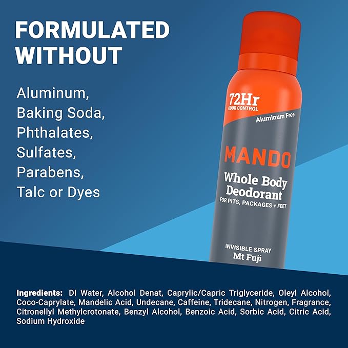 Mando Whole Body Deodorant For Men - Invisible Spray Deodorant - 72 Hour Odor Control - Low Irritation Formula - Aluminum Free Benzene Free - 3.6 ounce Cans (Pack of 2) - Mt Fuji