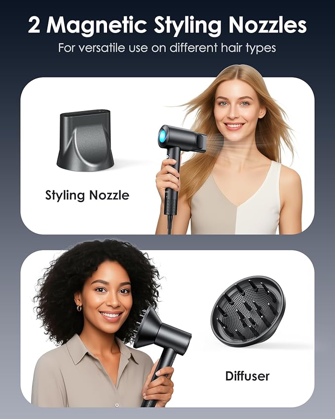 Ionic Hair Dryer with Diffuser - 160000RPM High-Speed Blow Dryer 500 Millons Ions Frizz Free Fast Drying for Women Lightweight Quiet Professional Dryer for Curly or Straight Styles Black