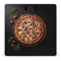 Pizza Wood on Board Scale for Body Weight Anti-Slip Tempered Glass Digital Bathroom Scales Clear LCD Display Weighing Scale Safe Rounded Corners Smart Scales