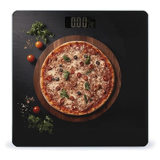Pizza Wood on Board Scale for Body Weight Anti-Slip Tempered Glass Digital Bathroom Scales Clear LCD Display Weighing Scale Safe Rounded Corners Smart Scales