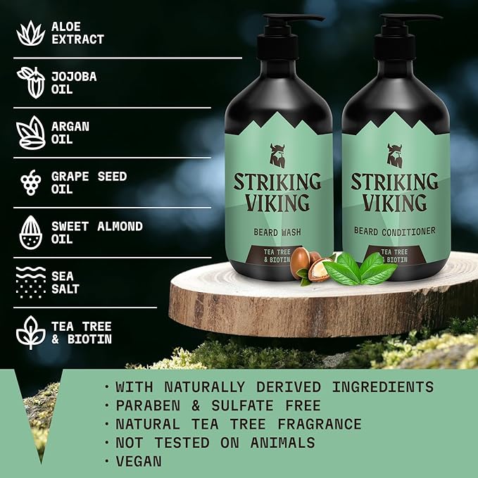 Striking Viking Beard Wash and Conditioner (Tea Tree &amp Biotin) - Paraben &amp Sulfate Free Cleansing Care for All Beard Types (10oz Per Bottle)