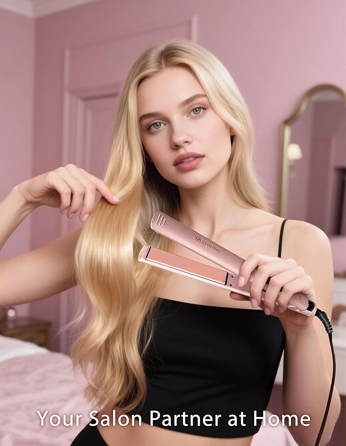 Hair Straightener 1 Inch Flat Iron Hair Straightener with LED Display Professional PTC Ceramic Negative Ion Hair Iron Dual Voltage for Women Hair Heats up to 446°F 6 Temps (Rosegold)
