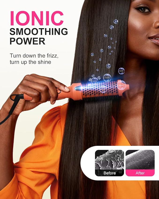K&ampK Thermal Brush 1 1/2 inch Heated Round Brush with Detachable Head Velvet Pouch and Dual Voltage for Travel Easy to Create Blowout Look Cosmic Orange