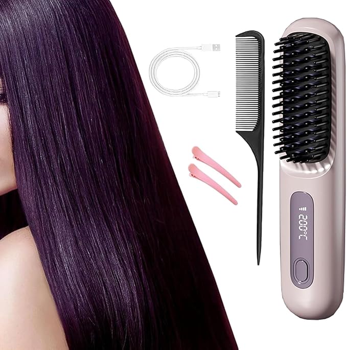 Cordless Hair Straightener Brush Portable on the Go Comb for Travel Usb Chargingtwo Power Sources 30s Fast Heatinglcd Large Screen Display(Purple)
