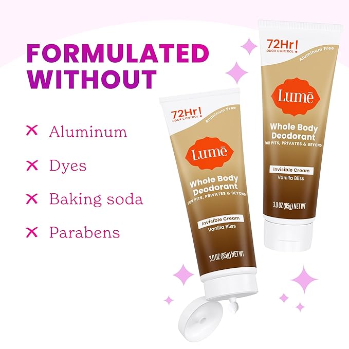 Lume Whole Body Deodorant - Invisible Cream Tube - 72 Hour Odor Control - Doctor Developed - Aluminum Free Baking Soda Free and Skin Loving - 3.0 Ounce (Pack of 2) (Vanilla Bliss)