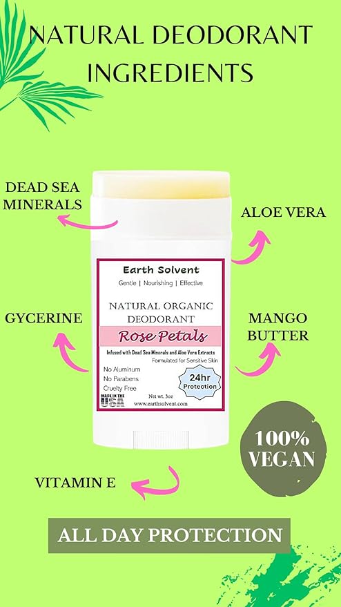 Magnesium Natural Vegan Deodorant with Dead Sea Minerals &amp Aloe Vera For Sensitive Skin 24hr Protection Aluminum Free Paraben Free Baking Soda Free Cruelty Free - For Men &amp Women (Rose Peta