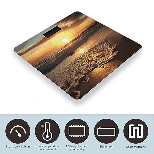 Sunset Ocean Beach Scale for Body Weight Anti-Slip Sturdy Tempered Glass Weighing Machine Highly Digital Accurate Bright LCD Bathroom Scale for Household Gift