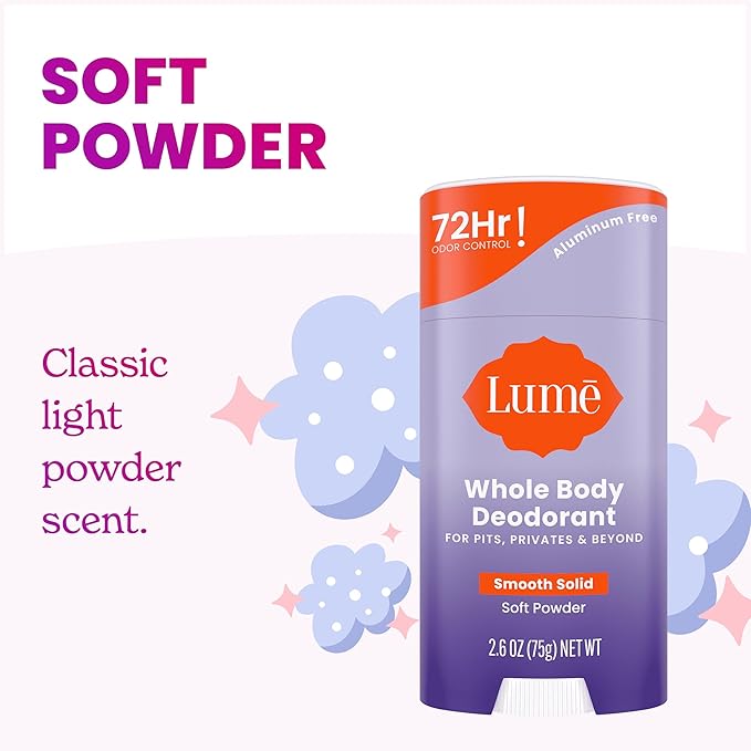 Lume Whole Body Deodorant - Smooth Solid Stick - 72 Hour Odor Control - Aluminum Free Baking Soda Free and Skin Safe - 2.6 Ounce (Pack of 2) (Soft Powder)