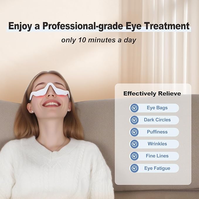 3D Wrap-Around Under-Eye Red Light Therapy Glasses Adjustable Microcurrent Eye Massager for Dark Circles Puffiness &amp Wrinkles Rechargeable Under Eyes Treatment for Women Eye Bags