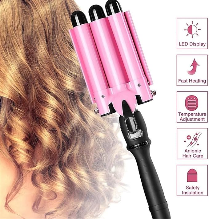 3 Barrels Hair Curler with LCD Display - Ceramic Curling Wand Hair Waver Quick Heating Curling Iron 80-210°C 14-Speed Temperature Adjustment Curling Tongs Hair Styling Tools (Color : Pink Size : 2