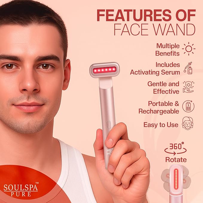 Face Massager 7 in 1 LED Red Light Wand for Face Neck &amp Eye – Rose Gold with Activating Serum | Portable Skincare Device Rechargeable Beauty Tool