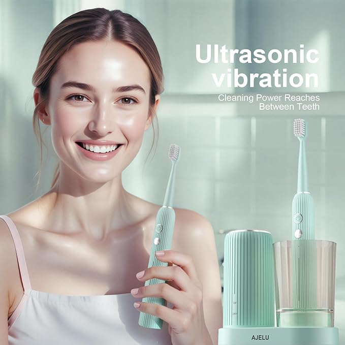 Rechargeable Sonic Toothbrush with Drying Holder 8 Brush Heads Smart Timer Waterproof Design – Mint Green Edition