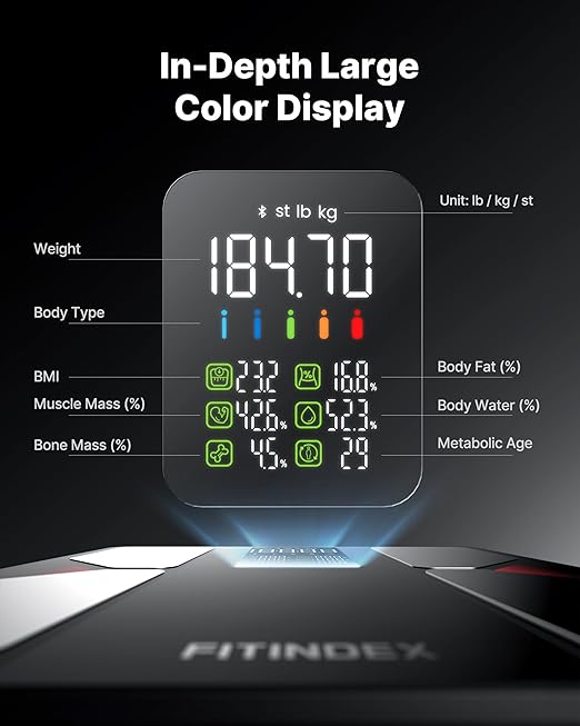 FITINDEX Smart Scale with BMI Body Fat Muscle Mass Scale for Body Weight and Fat Percentage High Accurate Bluetooth Scale with Large Display 13 Body Composition Analyzer Sync APP 500lbs 11.8