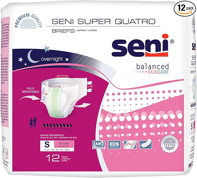 Seni Super Quatro Unisex Adult Incontinence Briefs with Tabs Size Small (22-31) 12 Count (1 Pack of 12) Severe Absorbency Disposable Overnight Briefs for Men &amp Women