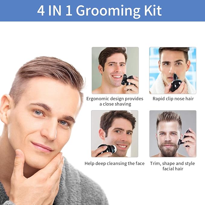 Electric shavers for Men Cordless Rechargeable Electric Razor Bald Head Shaver 5 in 1 Nose Beard Trimmer Hair Clipper Facial Grooming Kit Waterproof Wet Dry Rotary Shaver with Cleansing Brush