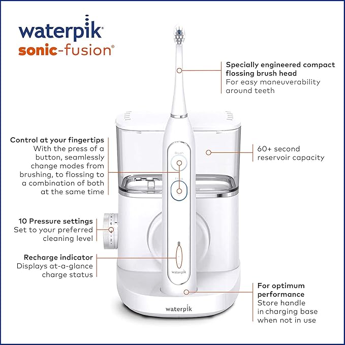 Waterpik White Sonic-Fusion Toothbrush and Heads (Set of 4). Brush and Floss at The Same Time. Soft Bristles Gently Brush While The Water Flosser Removes Plaque and Debris from Teeth and Gumline.