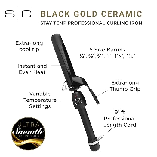 StyleCraft Stay-Temp Black Gold Professional Curling Iron with Extra-Long Thumb Grip Extended Barrel Marcel